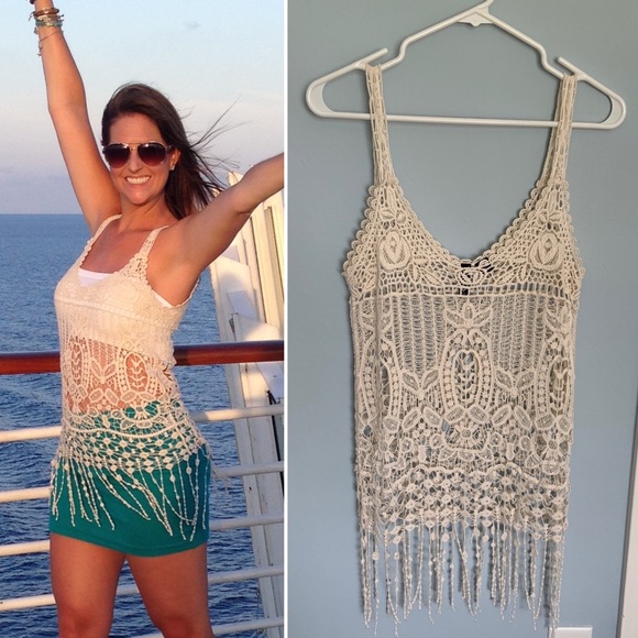 Full Tilt Tops - Ivory Sheer Fringe Boho Tank Top